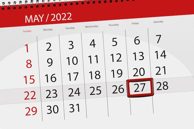 Calendario planner per il mese di maggio 2022 scadenza giorno 27 venerdì