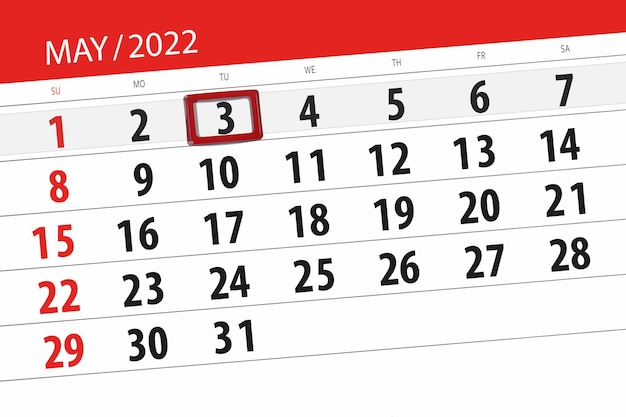 Calendario planner per il mese di maggio 2022 scadenza giorno 3 martedì