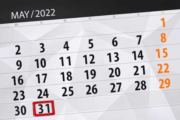 Calendario planner per il mese di maggio 2022 scadenza giorno 31 martedì