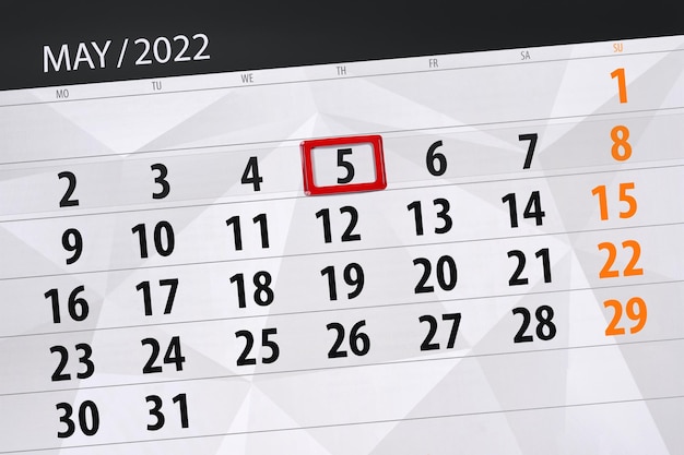 Calendario planner per il mese di maggio 2022 scadenza giorno 5 giovedì