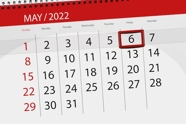 Calendario planner per il mese di maggio 2022 scadenza giorno 6 venerdì