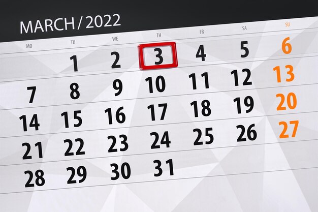 Calendario planner per il mese di marzo 2022 scadenza giorno 3 giovedì