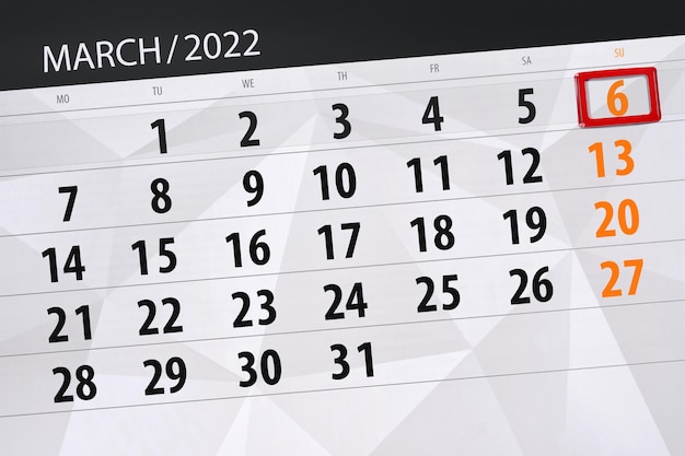 Calendario planner per il mese di marzo 2022 scadenza giorno 6 domenica