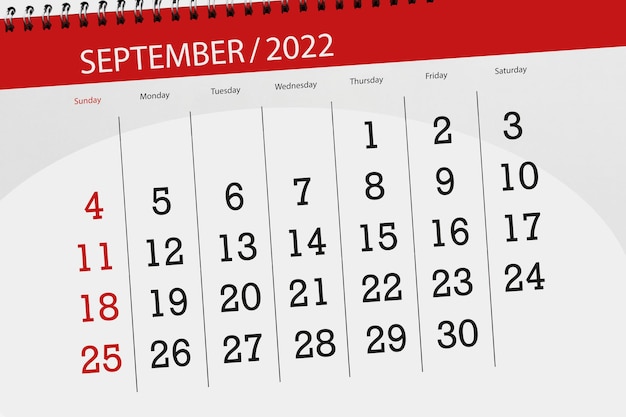 Calendario planner per il mese di settembre 2022 giorno di scadenza