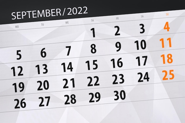 Calendario planner per il mese di settembre 2022 giorno di scadenza