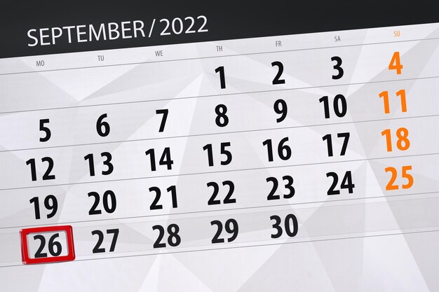 Calendario planner per il mese di settembre 2022 scadenza giorno 26 lunedì