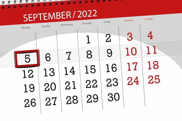 Calendario planner per il mese di settembre 2022 scadenza giorno 5 lunedì