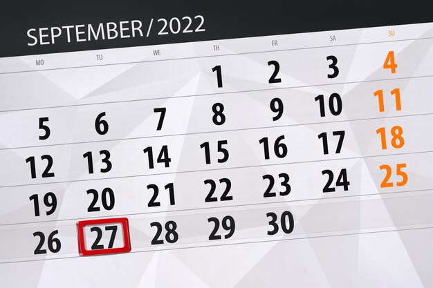 Calendario planner per il mese settembre 2022 scadenza giorno 27 martedì