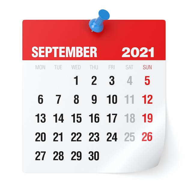 Calendario settembre 2021. Isolato su sfondo bianco. Illustrazione 3D