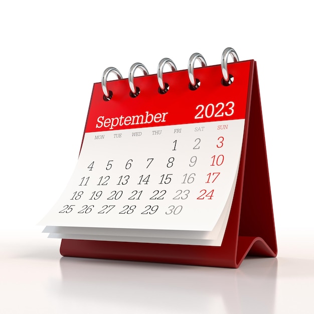 Calendario settembre 2023 isolato su sfondo bianco Illustrazione 3D