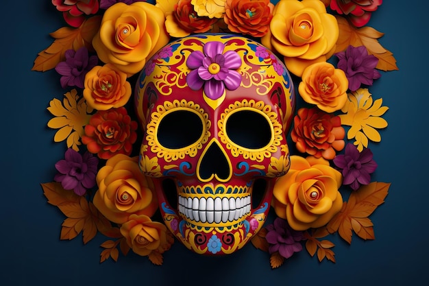 Calendula con teschio di zucchero del patrimonio ispanico Sfondo festivo dia de los muertos