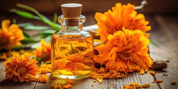 Calendula officinalis olio cosmetico fiori di calendula secchi e freschi su tavolo di legno