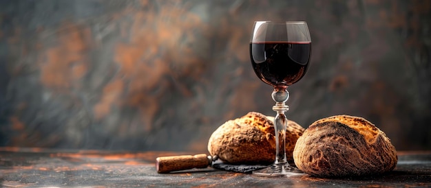Calice contenente vino e pane sullo sfondo con spazio vuoto