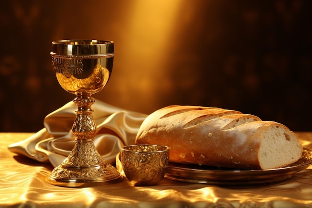 Calice d'oro con una croce e un pane