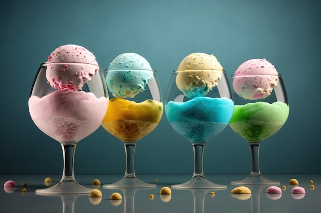 Calici di vetro con palline colorate di gelato delizioso e fresco generato dall'intelligenza artificiale