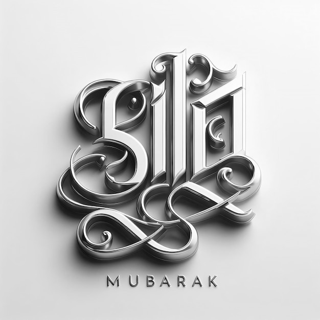 Calligrafia 3D Eid Mubarak metallo argento Eleganza luccica su sfondo bianco