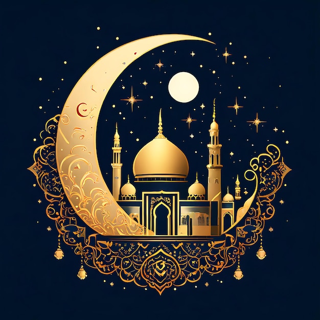 Calligrafia Eid Mubarak con luna incisa cava su sfondo bokeh dorato Illustrazione