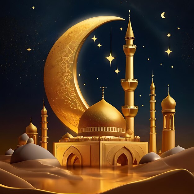 Calligrafia Eid Mubarak con luna incisa cava su sfondo bokeh dorato Illustrazione