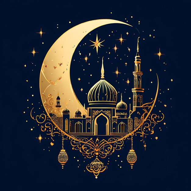 Calligrafia Eid Mubarak con luna incisa cava su sfondo bokeh dorato Illustrazione