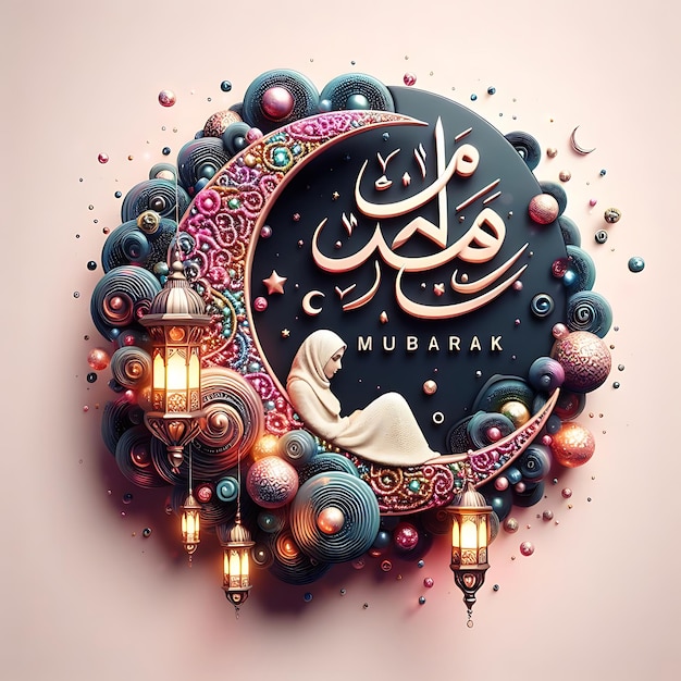 Calligrafia Eid Mubarak con luna incisa cava su sfondo bokeh dorato