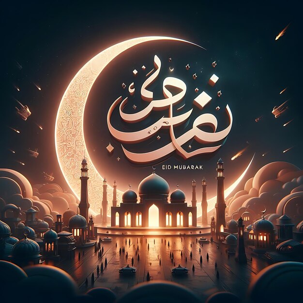 Calligrafia Eid Mubarak con luna incisa cava su sfondo bokeh dorato