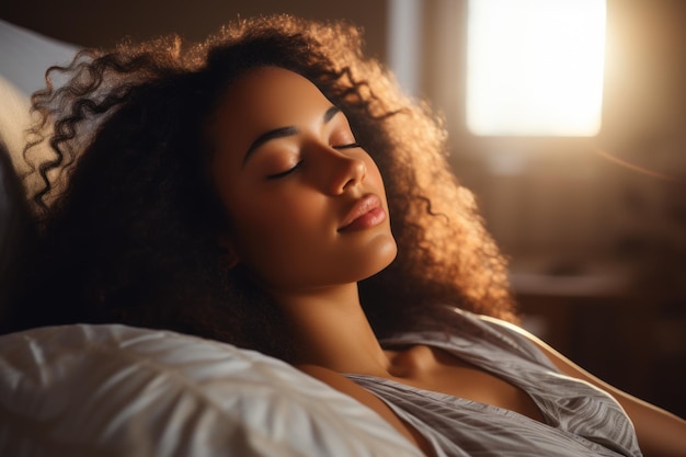 Calma giovane modella afroamericana che dorme bene con gli occhi chiusi sdraiata in un comodo letto