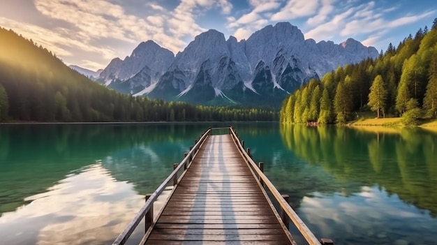 Calma vista mattutina del Lago di Fusin Colorata alba estiva nelle Alpi Giulie