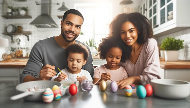 Calore e risate famiglia biraciale crea ricordi di Pasqua dipingendo uova