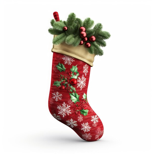 Calza di Natale con regali su uno sfondo bianco illustrazione 3D