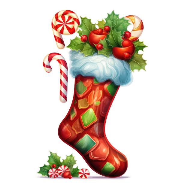 Calza di Natale splendidamente decorata con caramelle su uno sfondo bianco