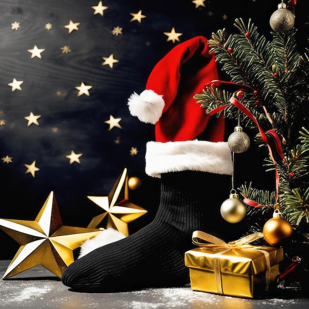 Calze di Babbo Natale stelle d'oro scatole regalo e ornamenti di Natale con uno sfondo natalizio