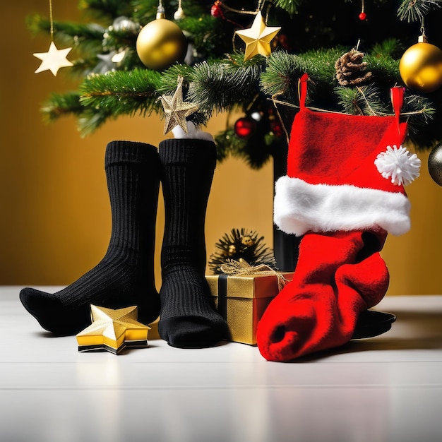 Calze di Babbo Natale stelle d'oro scatole regalo e ornamenti di Natale con uno sfondo natalizio