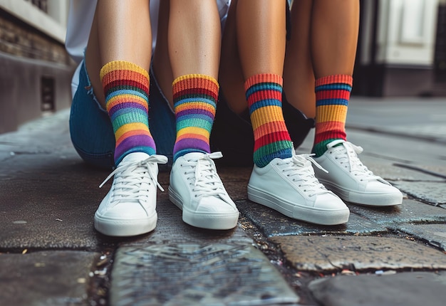 Calzini a righe colorate e scarpe da ginnastica bianche