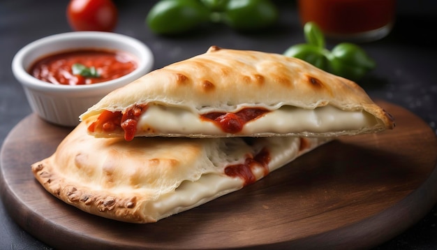 Calzone a formaggio tradizionale italiano servito con salsa marinara