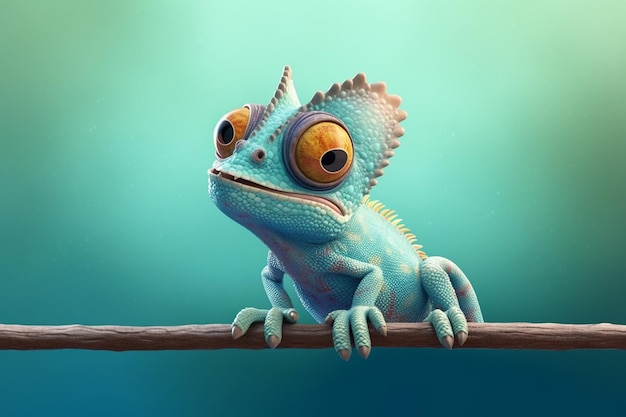 Camaleonte blu seduto sul ramo illustrazione 3d generativa ai