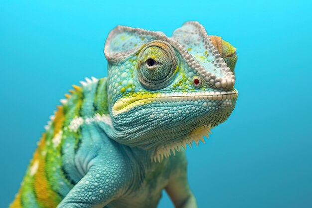 Camaleonte che guarda ruvido su uno sfondo azzurro