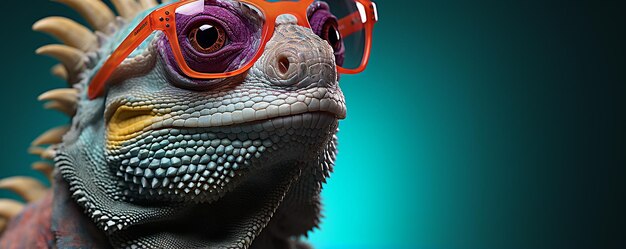 camaleonte colorato che indossa occhiali da sole