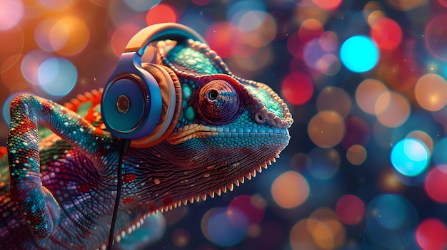 Camaleonte colorato con cuffie che si diverte alla musica Vibrante Bokeh Illustrazione di sfondo Perfetta per la musica e i temi della fauna selvatica AI