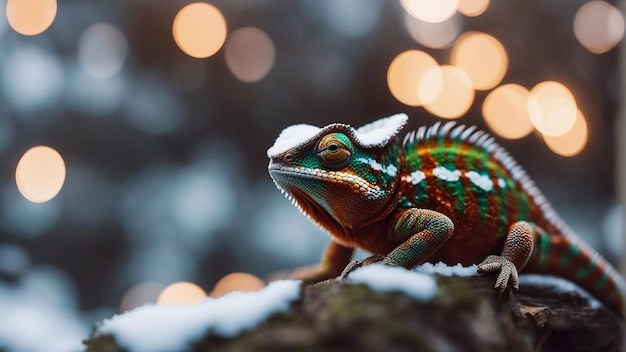 Camaleonte con sfondo bokeh invernale naturale Furcifer pardalis Ambolobe IA generativa