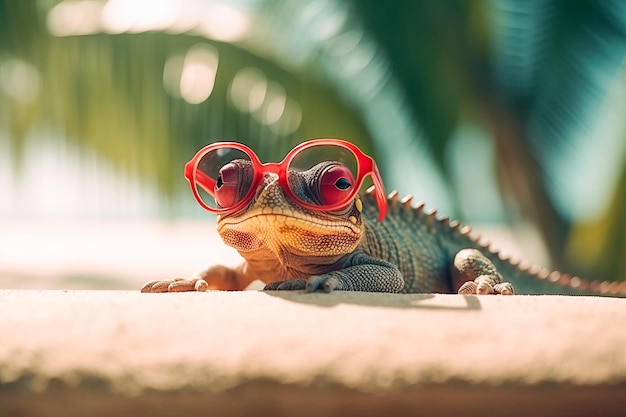 Camaleonte in occhiali da sole rossi sdraiato sulla sabbia di una spiaggia paradisiaca con palme