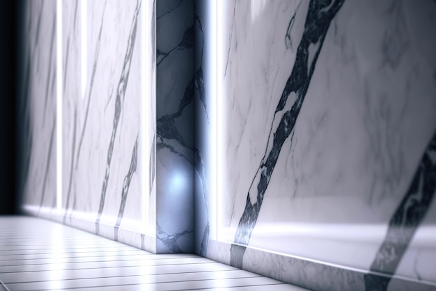 Camera astratta in marmo con luci brillanti Vista interna con sfondo in marmo e fulmini panoramici IA generata