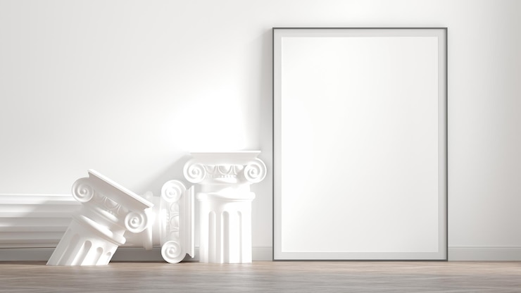 Foto camera bianca appartamento pavimento in legno parquet fotogrammi vuoti colonne romane colonne bianche antiche spazio per il posizionamento di prodotti interior design di metà secolo 3drender