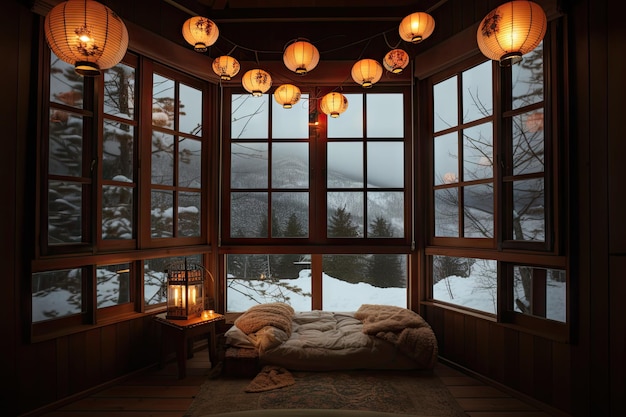 Camera calda e accogliente con lanterne che illuminano la vista del paesaggio innevato all'esterno