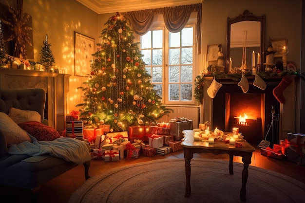 Camera calda e accogliente con un albero di Natale splendidamente decorato e regali colorati