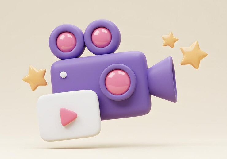 Camera cinematografica 3D con stelle e pulsante di riproduzione di Youtube