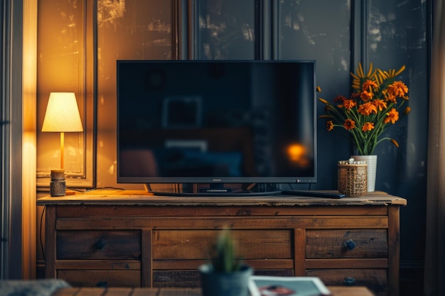 Camera con la televisione spenta e un vaso di fiori sul tavolo che promuove il rilassamento e la consapevolezza