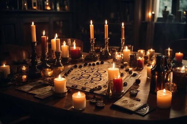 Camera con molte candele spirito gioco da tavolo Ouija posa sul tavolo