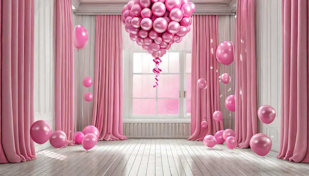 Camera con tende, bolle rosa, stanza con palloncino.