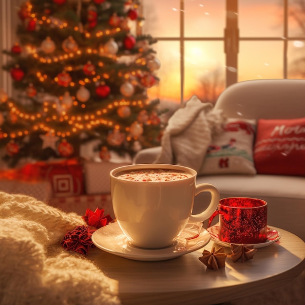 Camera d'albergo decorata per Natale Coppa di caffè al cioccolato sullo sfondo un albero di Natale