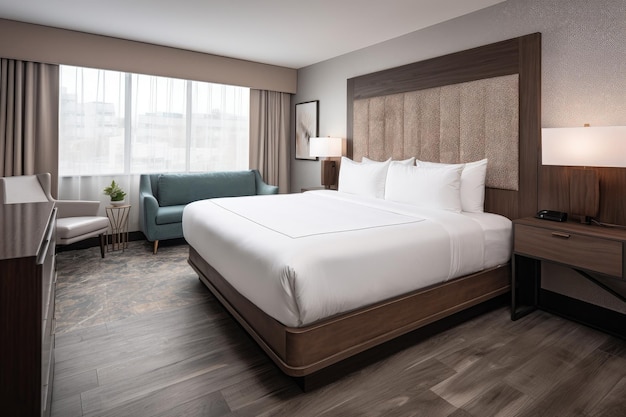 Camera d'albergo di lusso con lussuosi letti dal design elegante e comfort moderni creati con l'intelligenza artificiale generativa